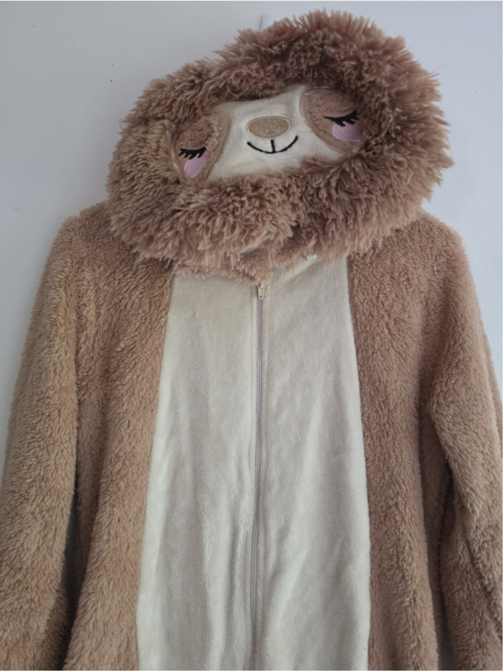 Plush Sloth Hooded Jumpsuit Costume Pajamas Adult Medium M Excellent Condition